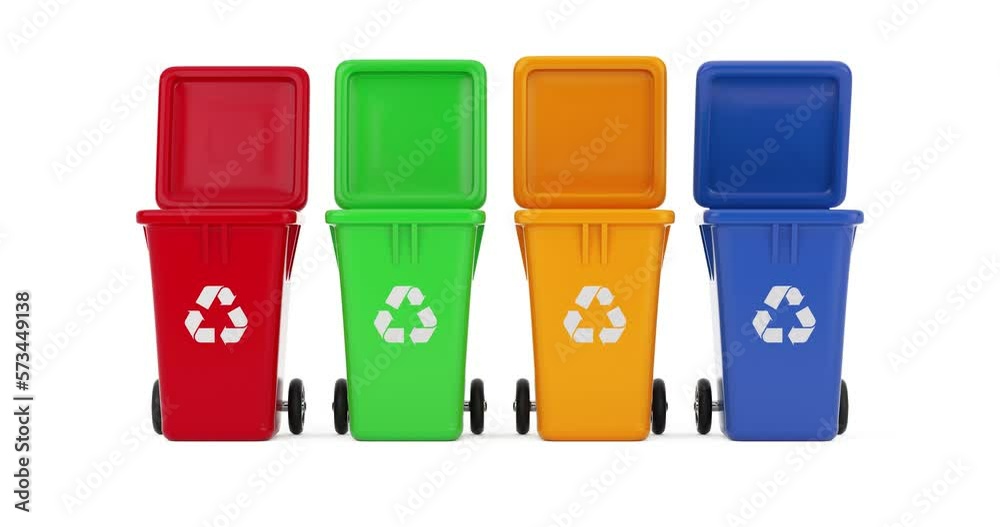 Poster 4k resolution video: recycle sign color garbage trash bins seamless jumping and rotating on a white 