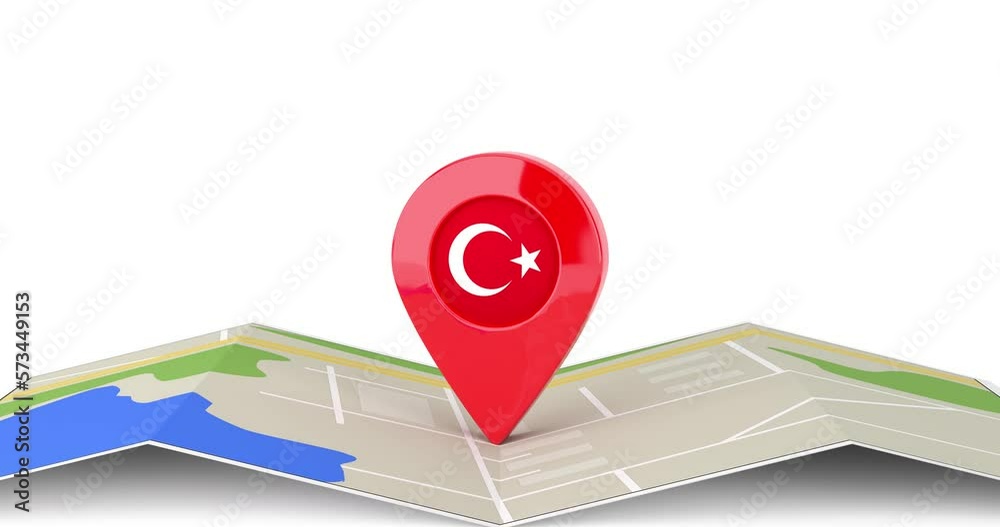 Poster 4k resolution video: turkey travel concept. cartoon target map pointer pin with turkish flag rotatin