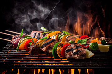 Grilled vegetable and meat skewers on BBq grid.. BBQ kebab. Smoke and flames on dark background. Generative AI