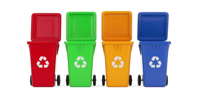 4k Resolution Video: Recycle Sign Color Garbage Trash Bins Seamless Jumping and Rotating on a white background with Alpha Matte