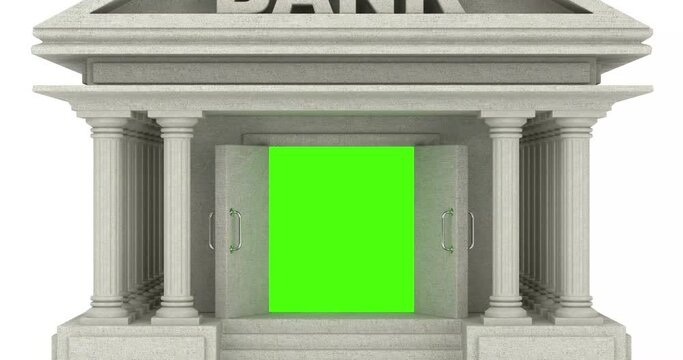 4k Resolution Video: Concrete Bank Building Doors are Opens with Green Screen and the Camera Moves Inside. The High Quality Animation with Alpha Matte