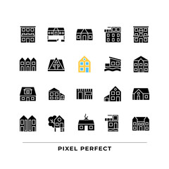 Home exteriors black glyph icons set on white space. Real estate agency. Buying property. Detached house, mansion. Silhouette symbols. Solid pictogram pack. Vector isolated illustration