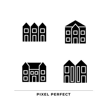 Luxury houses black glyph icons set on white space. Townhouse and mansion. Single family detached home. Buying property. Silhouette symbols. Solid pictogram pack. Vector isolated illustration
