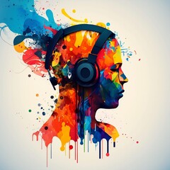Creative background music. Colorful head with headphones on a light background, colorful splashes of paint, drawing, inspiration and emotions, fantasy, generated in AI