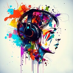 Creative background music. Colorful head with headphones on a light background, colorful splashes of paint, drawing, inspiration and emotions, fantasy, generated in AI