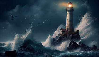 A lighthouse in stones glowing against dark storm clouds, generative ai