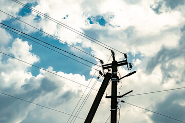Power electric pole with line wire on colored background close up