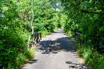 Beautifully standing old wooden bridge over river in colored background close up