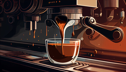 Close up of espresso pouring from coffee machine, generative ai