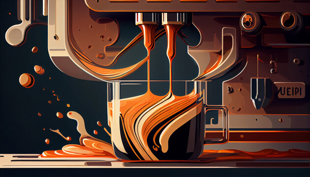 Close up of espresso pouring from coffee machine, generative ai
