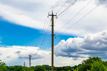 Fototapeta na wymiar Power electric pole with line wire on colored background close up