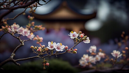 Chinese garden blooming with flowers in spring, generative ai