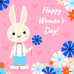 Obraz na płótnie Canvas Card for 8 march with cute bunny wearing suit with flowers and text Happy women's day