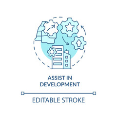 Assist in development turquoise concept icon. Industrialization. Private sector role abstract idea thin line illustration. Isolated outline drawing. Editable stroke. Arial, Myriad Pro-Bold fonts used