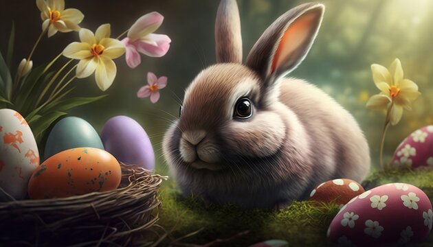 Sc&egrave;ne de paque avec un lapin et des oeufs, g&eacute;n&eacute;r&eacute; par IA