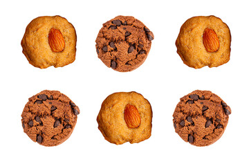 Homemade almond cookies and Chocolate chip cookies on white background