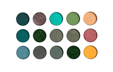 Palette of colorful eye shadows. pearlescent shades, flat lay on an isolated white background