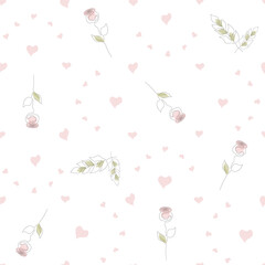 Seamless pattern with hand drawn rose flower continuous one line art. Minimalist contour drawing monoline pastel rose seamless pattern.