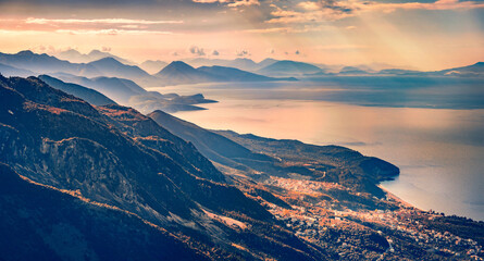 Aerial summer scene of Adriatic coast of Albania. Fantastic morning view from Llogara pass, Albania, Europe. Beauty of nature concept background. - obrazy, fototapety, plakaty