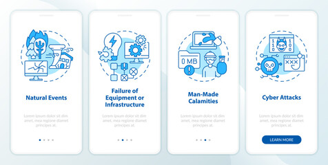 What is disaster blue onboarding mobile app screen. Failures walkthrough 4 steps editable graphic instructions with linear concepts. UI, UX, GUI template. Myriad Pro-Bold, Regular fonts used