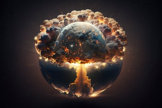 earth mixed with a nuclear explosion view from space, dramatic illustration, world war 3