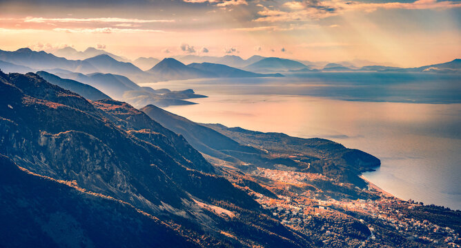 Aerial summer scene of Adriatic coast of Albania. Fantastic morning view from Llogara pass, Albania, Europe. Beauty of nature concept background.
