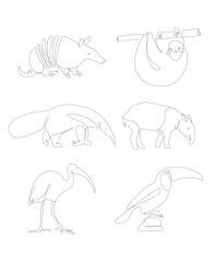 One line animals from South America. Unusual spicies line art. Animal and bird linear Vektor Grafik. Tapir and ant-eater