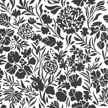 Black and white floral pattern, seamless botany vector illustration. Abstract Leaves and flowers