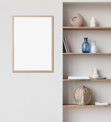 Blank picture frame mockup on white wall in modern interior, Artwork template mock up in interior...