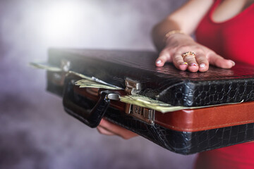 closeup woman in red dress holding briefcase full of dollars