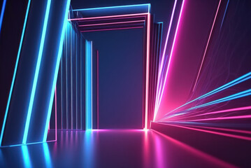 3d rendering neon light abstract ultraviolet background, dynamic glowing lines blue pink laser rays fashion stage background. Generative ai.