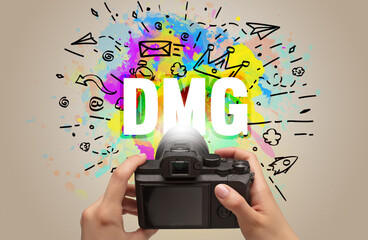 Close-up of a hand holding digital camera with abstract drawing