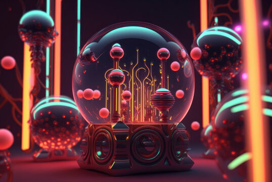 3D render realistic neon lights lines and bubbles  background vector design illustration. Generative ai.