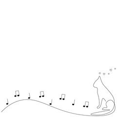 Cat and music notes line drawing on white background vector illustration