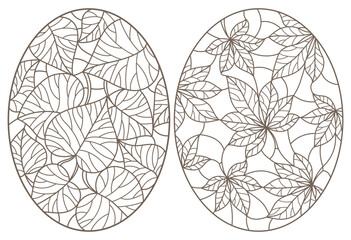 Set of outline illustrations of stained glass Windows with leaves of trees, dark outlines on light background