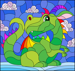 A stained glass illustration with a dragon, the symbol of the year according to the calendar, on a blue sky background ana cnow