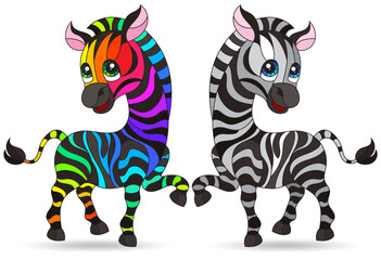 Obraz na płótnie Canvas A set of stained glass illustrations with cartoon zebras, animals isolated on a white background