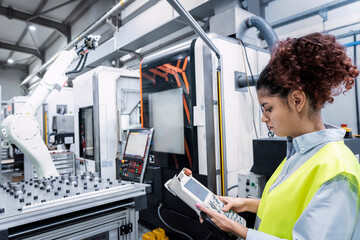 Engineer operating robotic arm with equipment in industry