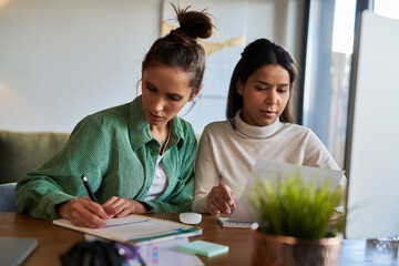 Freelancers working over documents at desk in home office