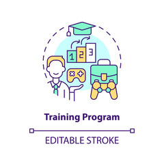Training program concept icon. Improve workers education. Gamification in workplace abstract idea thin line illustration. Isolated outline drawing. Editable stroke. Arial, Myriad Pro-Bold fonts used