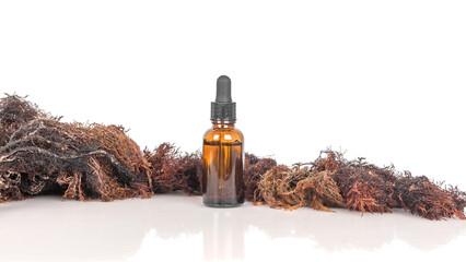 Brown glass bottle with serum and seaweed plant on a white background, front view, copy space, selective focus. Seaweed personal care. Natural organic cosmetic, alternative medicine.   © Flena_13