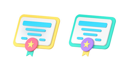 Diploma certificate achievement award with medal star ribbon graduation document 3d icon set vector