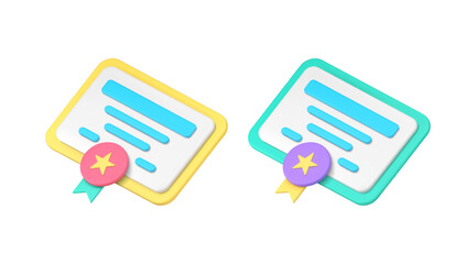 Certificate education diploma document profession degree award 3d icon set realistic vector