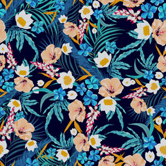 Fototapeta na wymiar Exotic Hibiscus. Decorative seamless pattern. Repeating background. Tileable wallpaper print.