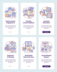 Gamification pros and cons onboarding mobile app screens set. Walkthrough 3 steps editable graphic instructions with linear concepts. UI, UX, GUI template. Myriad Pro-Bold, Regular fonts used