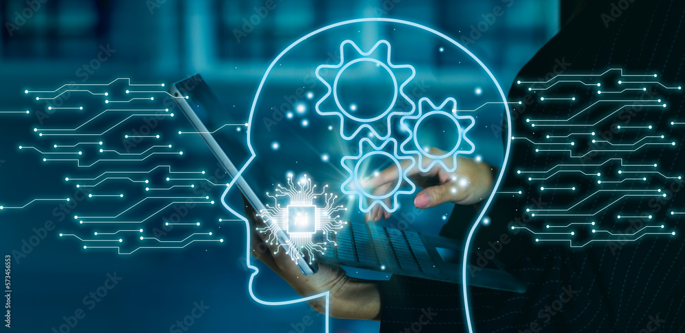 Poster businesswoman touching brain working of artificial intelligence (ai) in the futuristic business and 