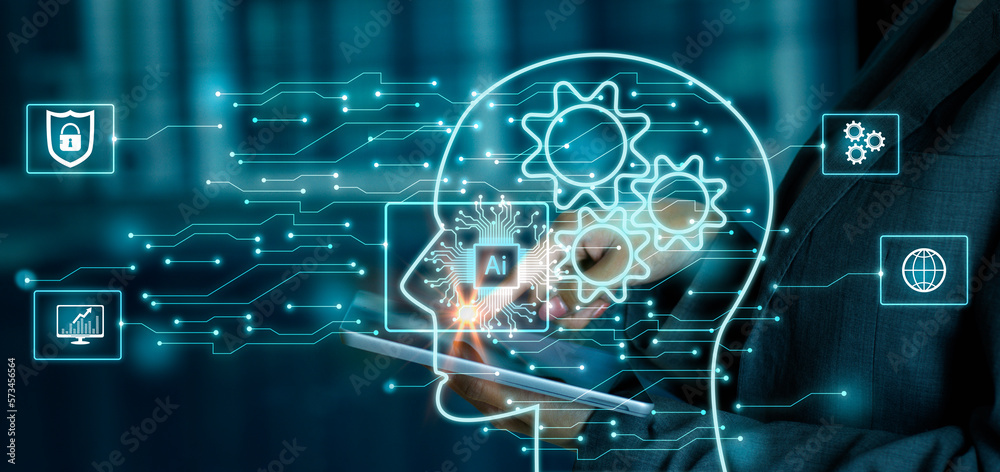 Poster businesswoman touching the brain working of artificial intelligence (ai) in the futuristic business 