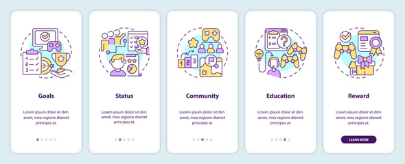Game mechanics in gamification onboarding mobile app screen. Playing walkthrough 5 steps editable graphic instructions with linear concepts. UI, UX, GUI template. Myriad Pro-Bold, Regular fonts used