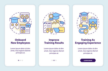 Fototapeta na wymiar Gamification in corporate training onboarding mobile app screen. Walkthrough 3 steps editable graphic instructions with linear concepts. UI, UX, GUI template. Myriad Pro-Bold, Regular fonts used