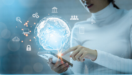 Asian woman in white shirt using smartphones, global Internet connection technology and digital marketing. white digital and interface icon.